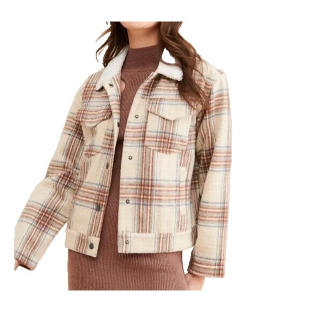 Vigoss‎ Brown Plaid Sherpa Trucker Jacket Women's Large Cropped Snap Front NWT - Picture 4 of 15